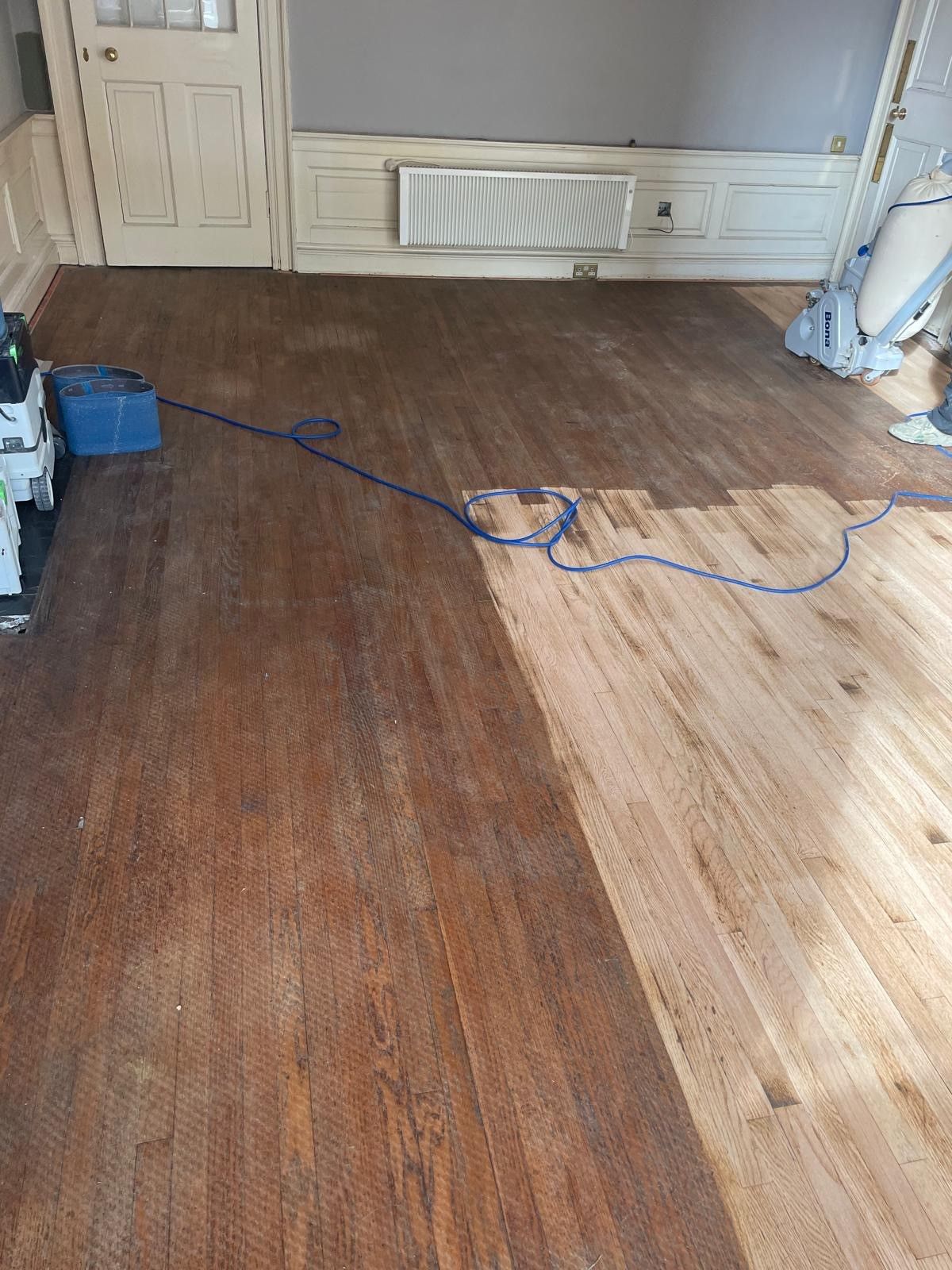 Photo of flooring in a domestic home which in the process of being restored by sanding and oiling, performed by SR Flooring in Edinburgh
